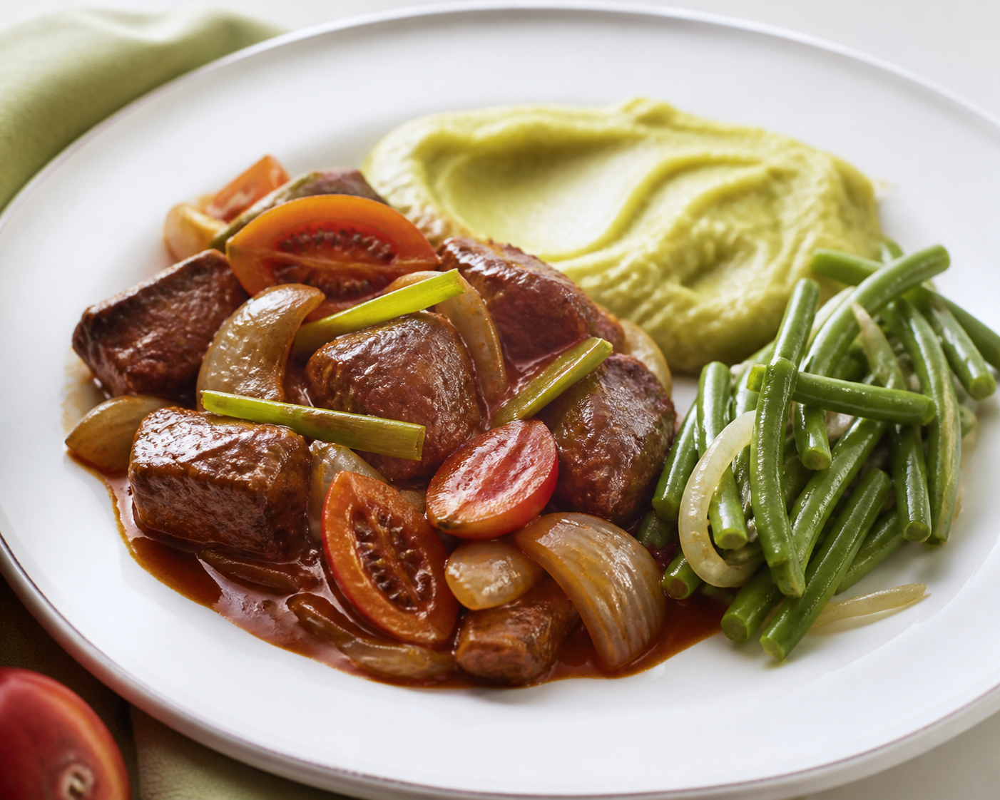 Colombian Beef Round in Smoked Tamarillo Sauce with Green Plantain Purée and Warm Green Bean Salad