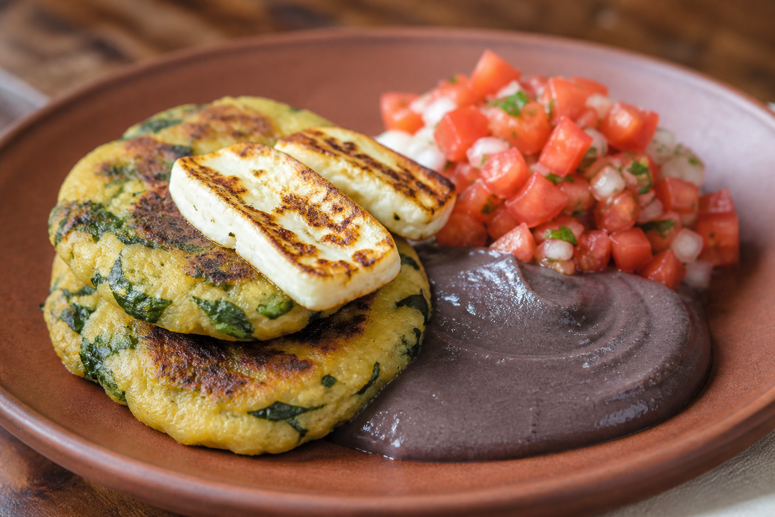 Salvadoran corn and watercress patties with seared fresh cheese, black bean cream, and fresh tomato slaw