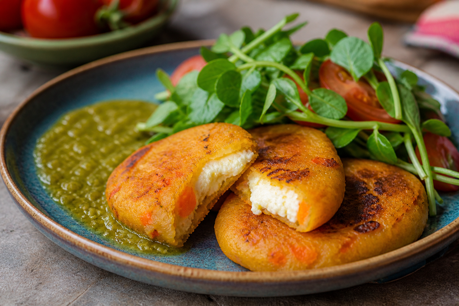 Salvadoran corn and carrot patties stuffed with ricotta-style cheese, green chile tomato sauce, and fresh watercress salad