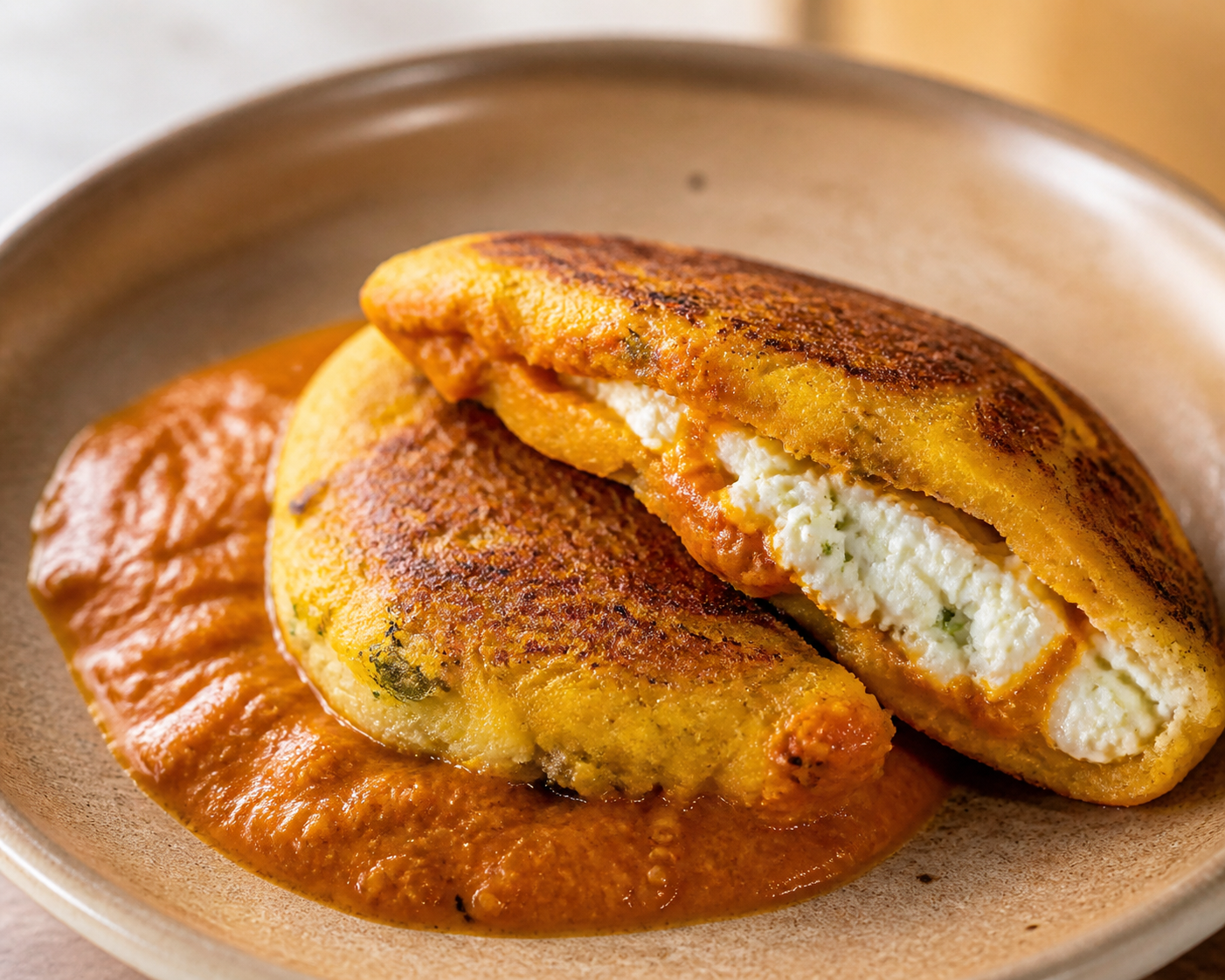 Salvadoran corn and tender squash cakes stuffed with fresh curd cheese and roasted tomato-pumpkin seed sauce