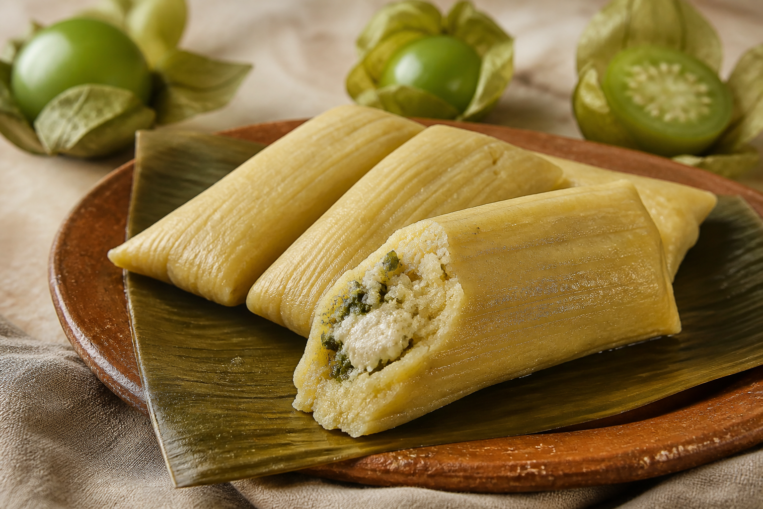 Miltamalitos salvadoreños de maíz y miltomate con relleno de requesón y hierbas