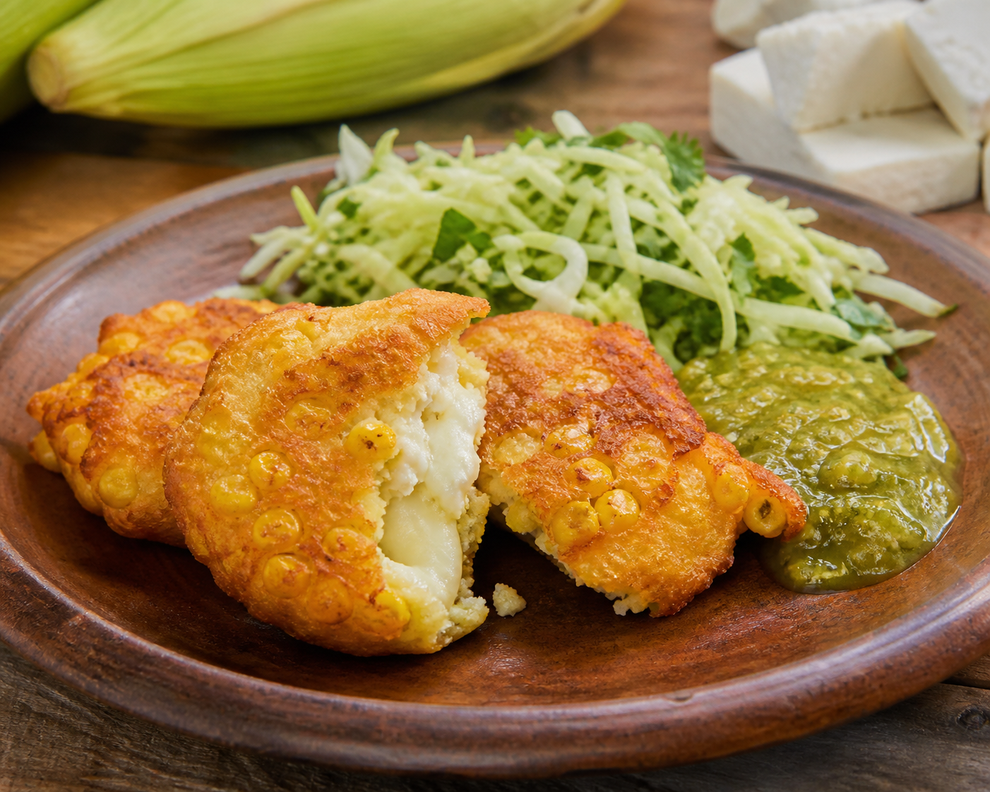 Tortitas salvadoreñas de yuca y elote con relleno de cuajada, salsa de tomate asado al chile verde y ensalada de repollo con hierbabuena