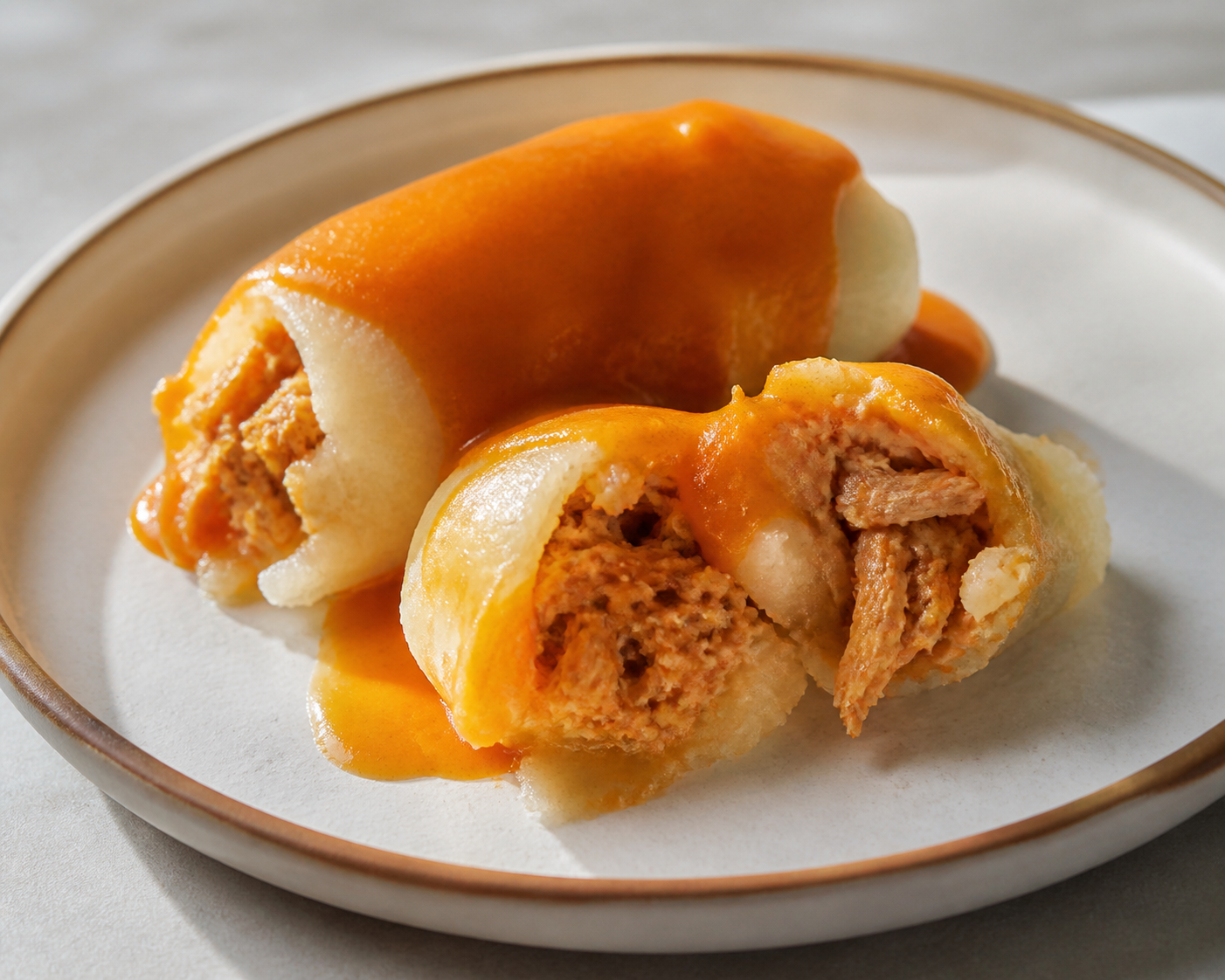 Dominican Stuffed Yuca with Braised Chicken and Silky Pumpkin Sweet Pepper Sauce