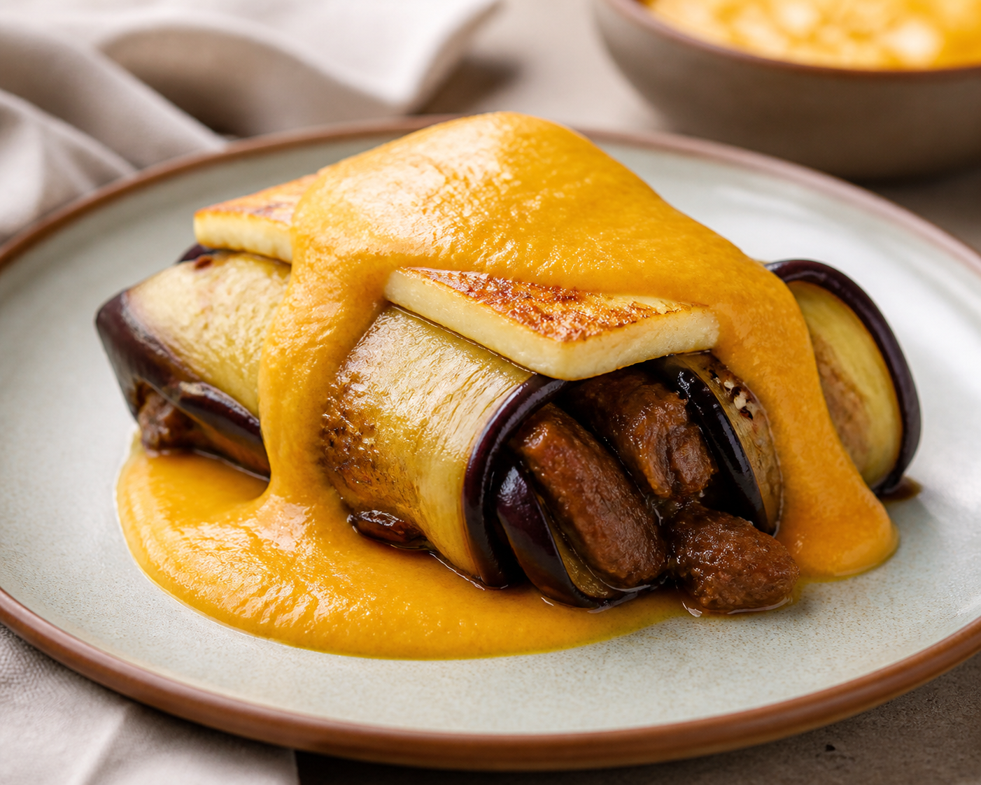 Rollo de Berenjena Dominicana con Res Guisada, Queso de Freír y Salsa Suave de Auyama