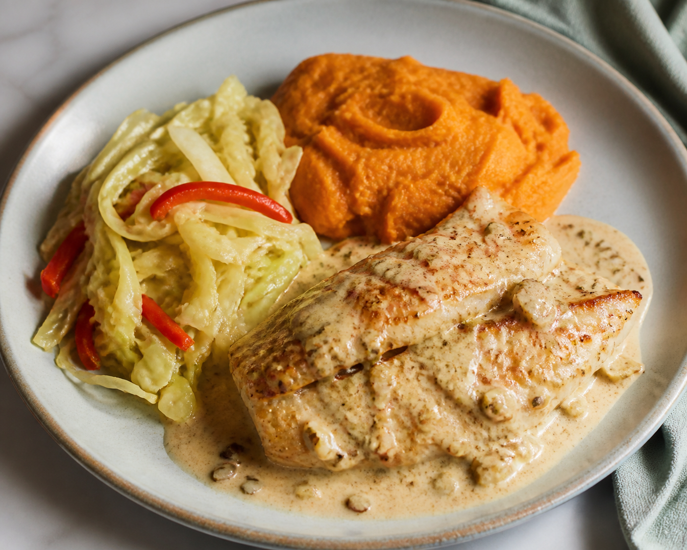 Fish in Toasted Coconut Sauce with Sweet Potato Mash and Warm Cabbage Salad