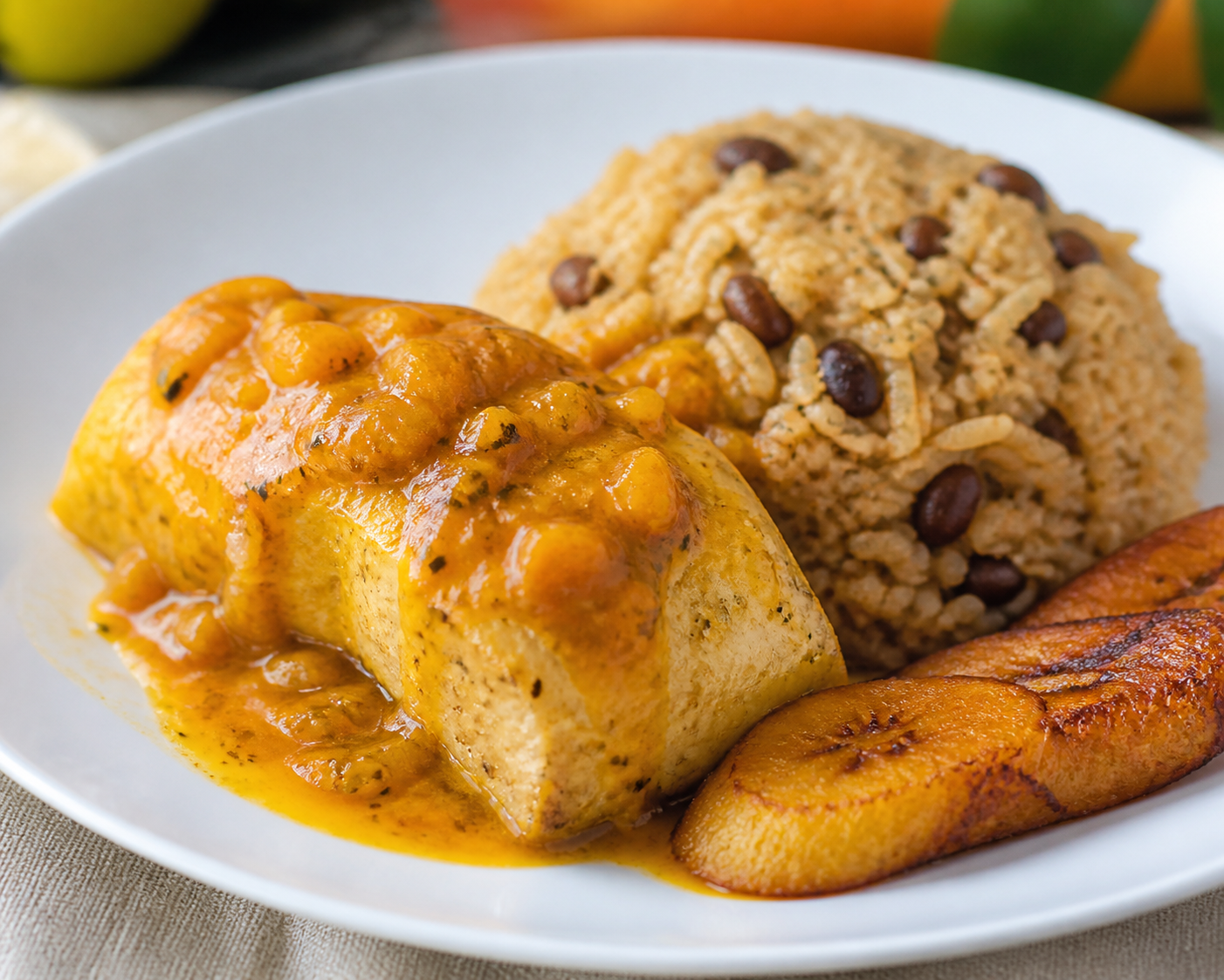 Fish in Creole Pumpkin Sauce with Pigeon Pea Rice and Seared Sweet Plantain