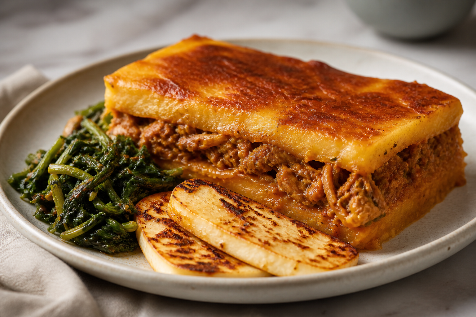 Pastelón Dominicano de Batata Amarilla con Pollo Guisado, Espinaca Criolla y Queso de Freír al Horno