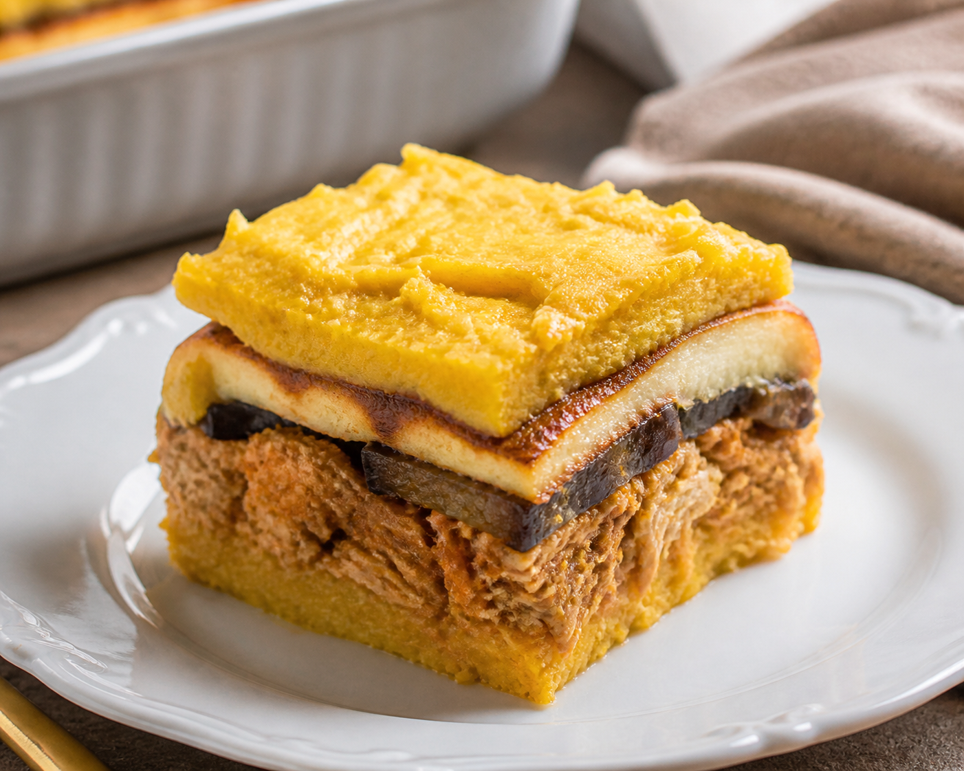 Pastelón Dominicano de Batata Amarilla con Pollo Guisado, Berenjena Asada y Queso de Freír