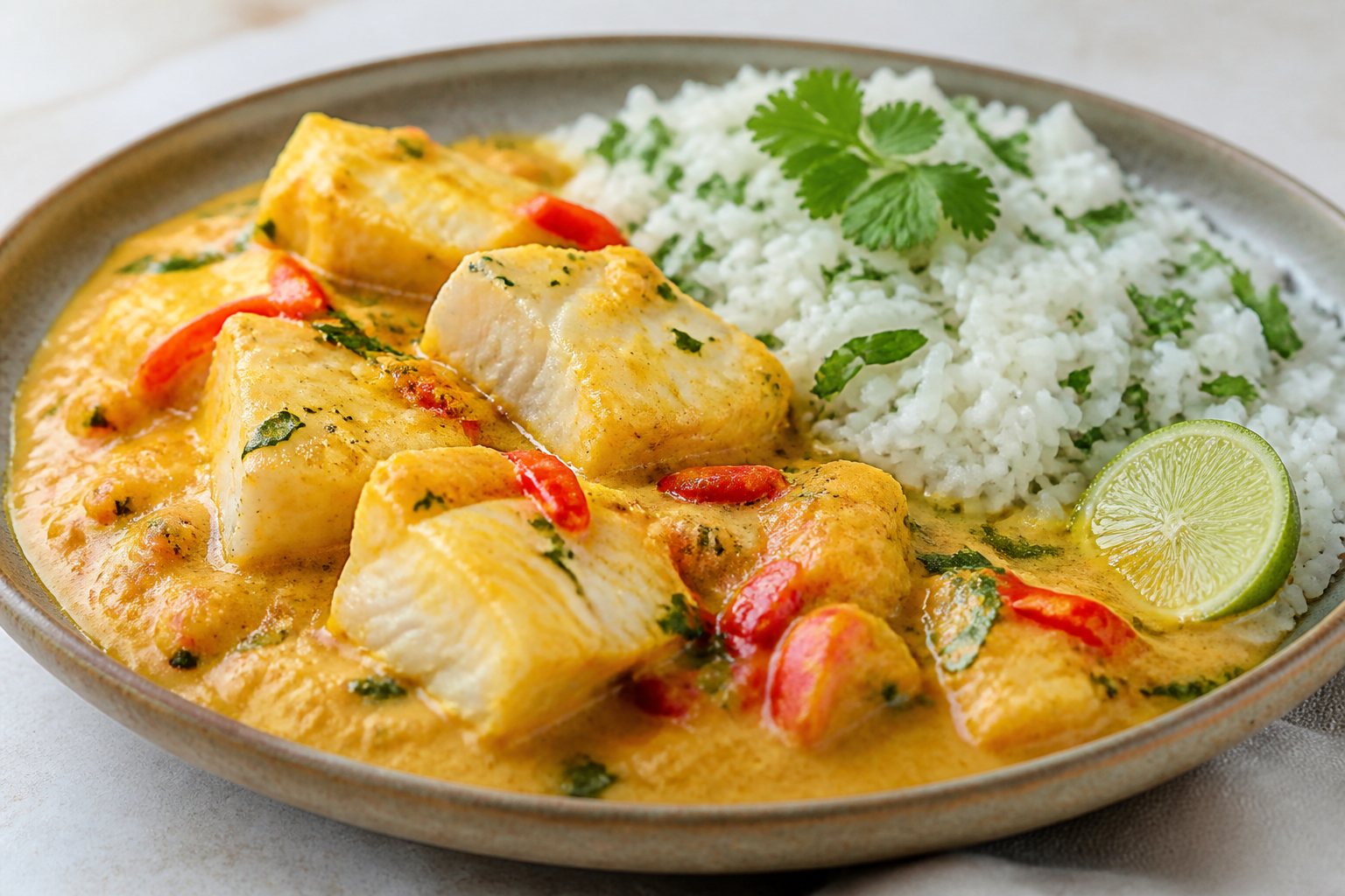Bobó Brasileño de Pescado con Mandioca, Pimiento Asado y Arroz de Cilantro