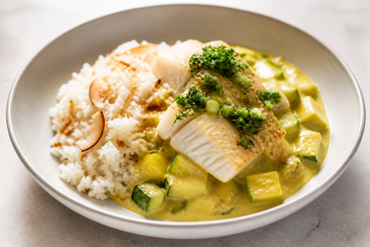 Brazilian White Fish and Zucchini Bobó with Toasted Coconut Rice and Scallion Gremolata