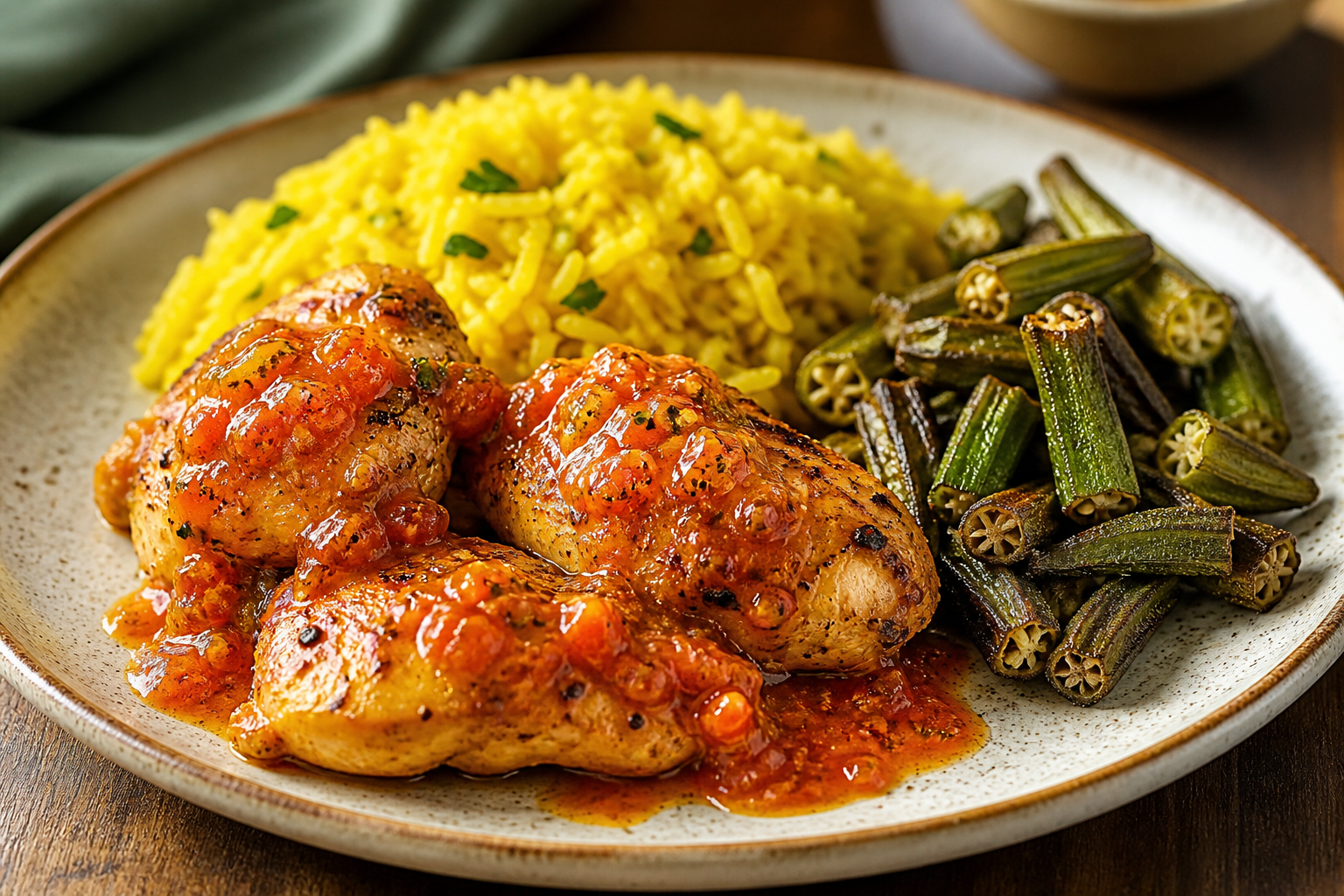 Brazilian Country Chicken with Spicy Guava Sauce, Turmeric Coconut Rice, and Roasted Okra