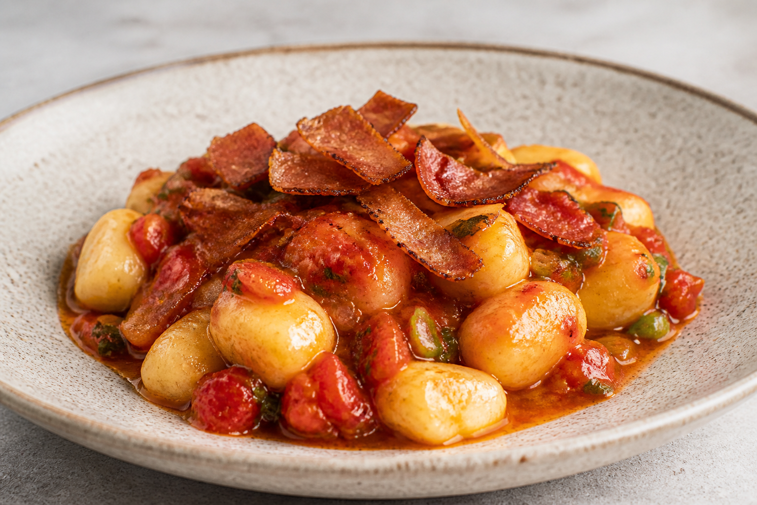 Creole ricotta and potato gnocchi with roasted tomato-green onion sauce and crispy ham