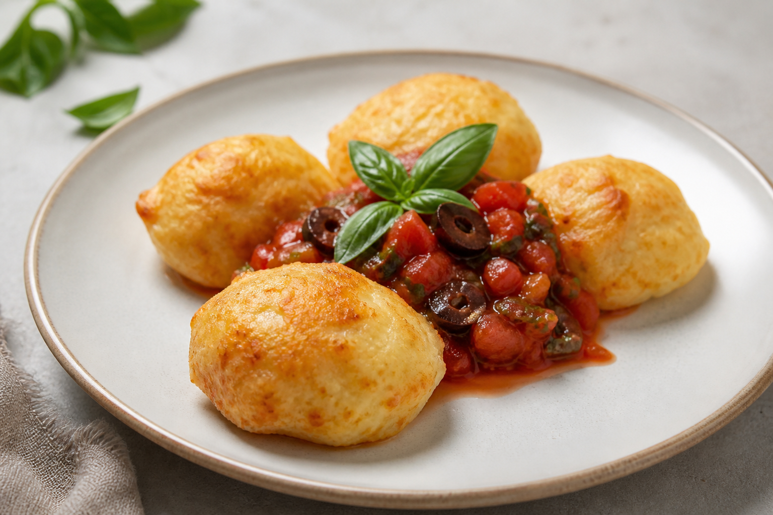 Bombitas de papa y provoleta con ragú criollo de tomate, aceitunas y albahaca