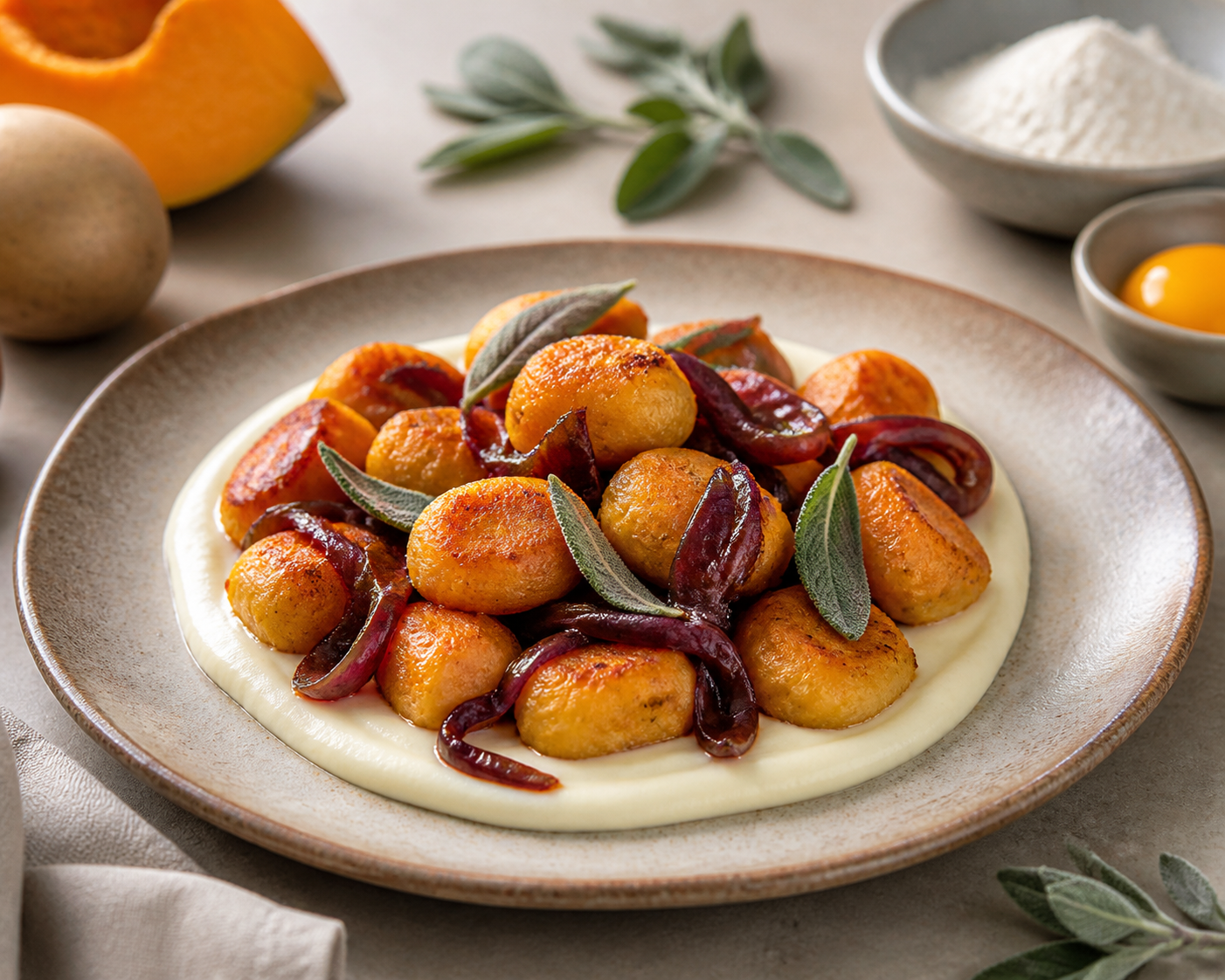 Ñoquis crocantes de calabaza y papa con crema de provolone, cebolla al Malbec y salvia