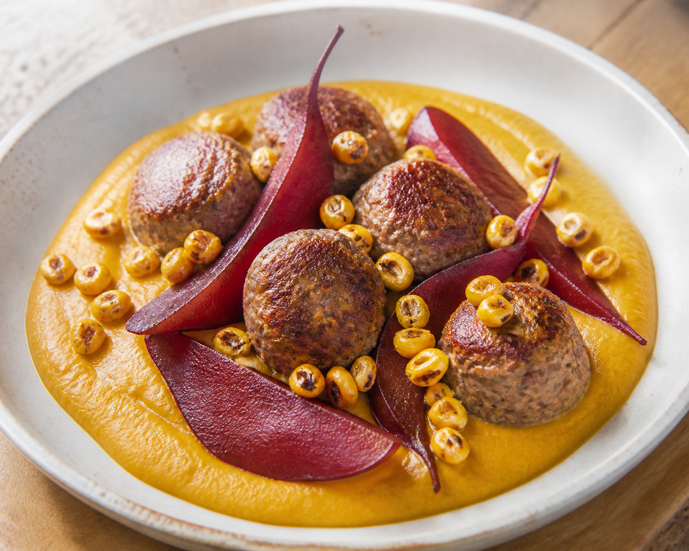 Creamy squash carbonada with beef meatballs, Malbec pears, and crispy corn