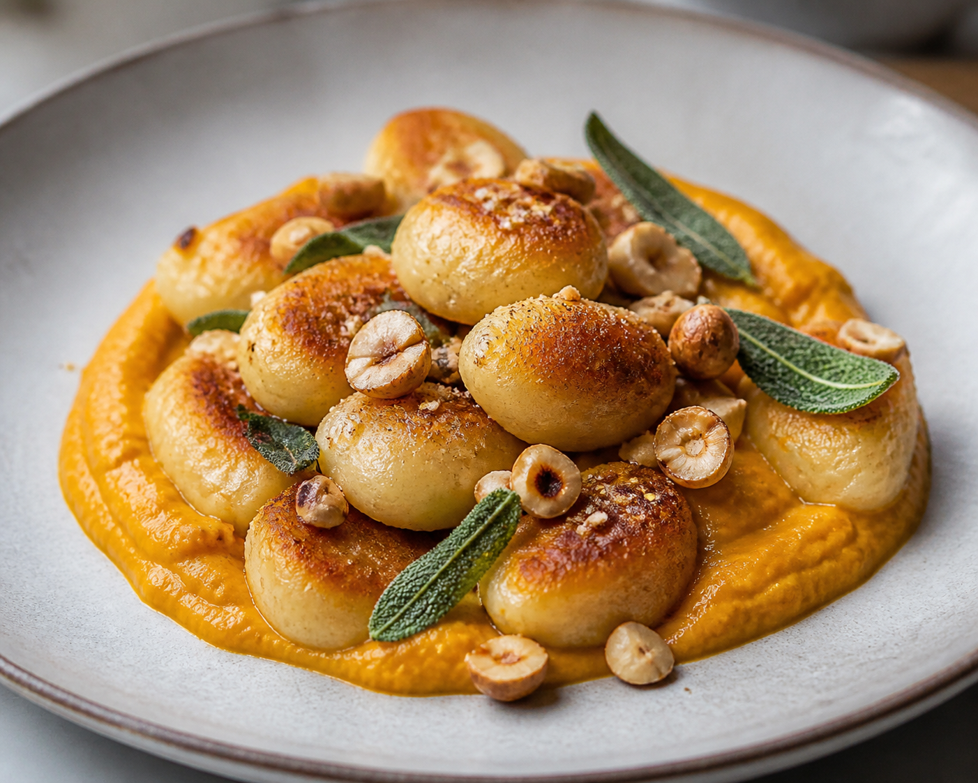Crispy ricotta and potato gnocchi with roasted pumpkin cream sauce, sage, and hazelnuts