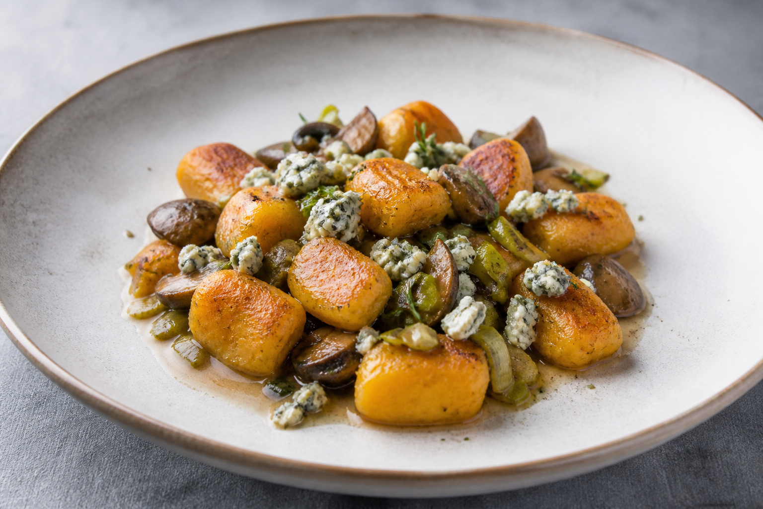 Ñoquis crocantes de calabaza y papa con ragú criollo de hongos, puerro y queso azul