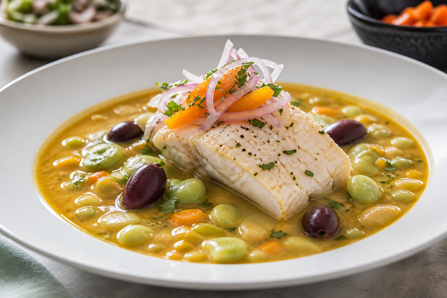 Locro Costeño de Pescado con Pallares Tiernos, Ají Amarillo y Aceituna Botija