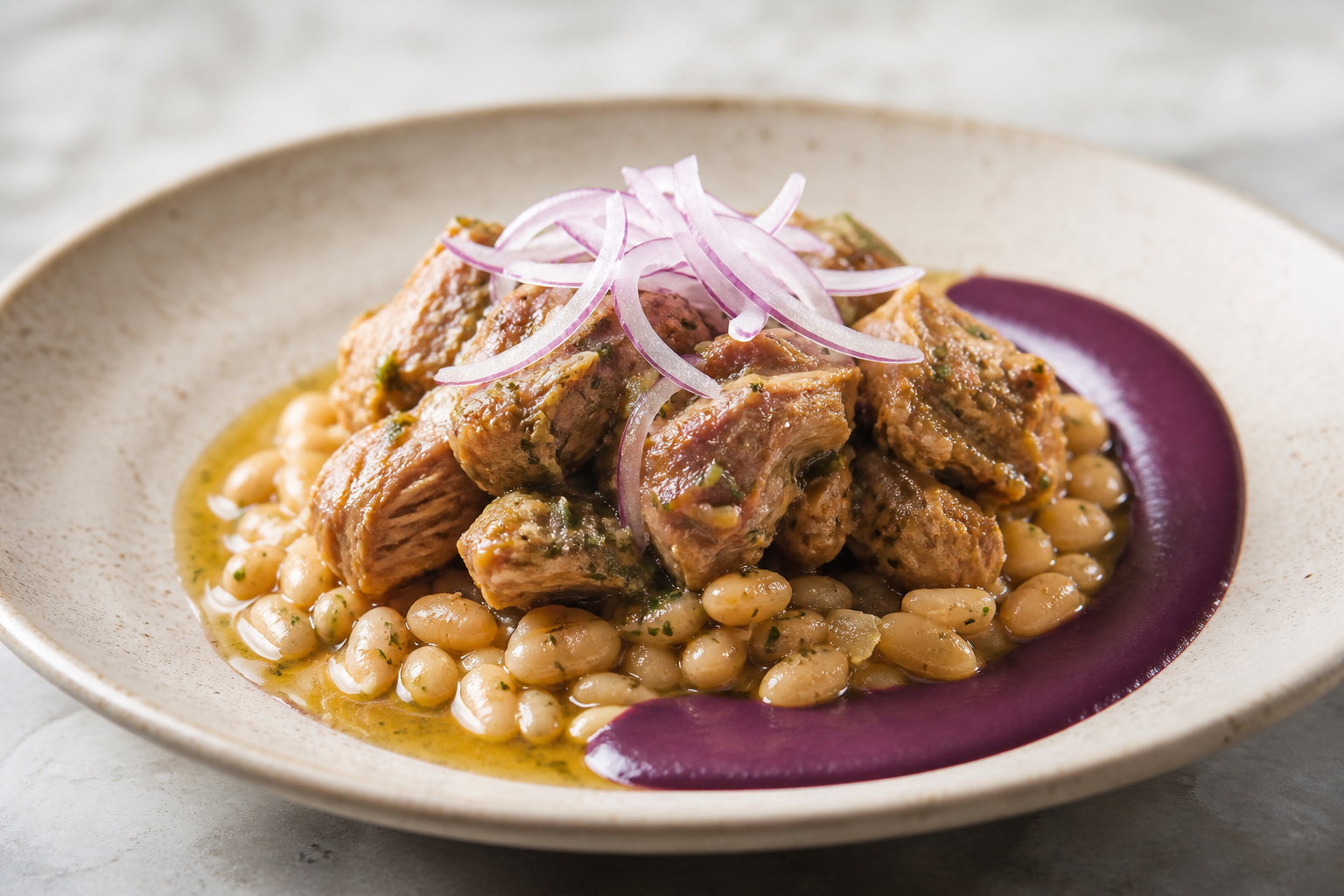 Seco Costero de Pavo con Frejol Canario Cremoso y Salsa de Chicha Morada