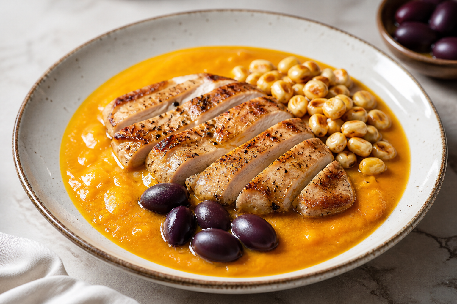 Locro Criollo de Zapallo con Pollo Dorado, Choclo Asado y Aceituna Botija
