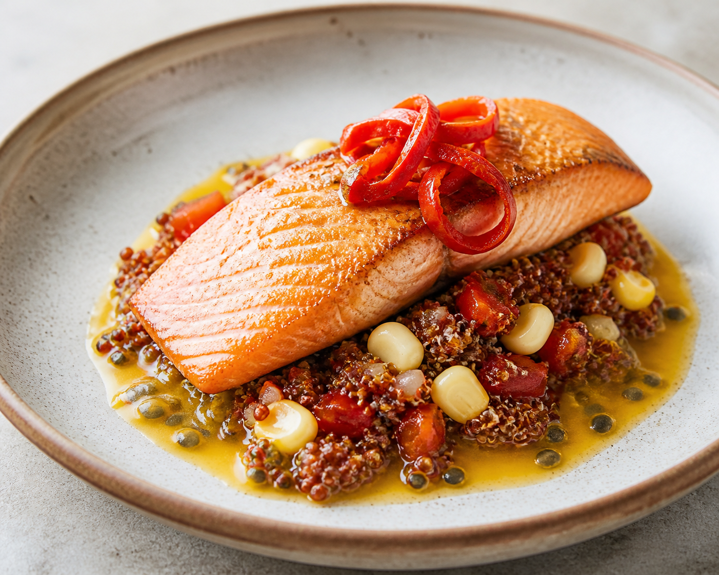 Warm Red Quinoa Solterito with Seared Trout, Roasted Rocoto and Passion Fruit Vinaigrette