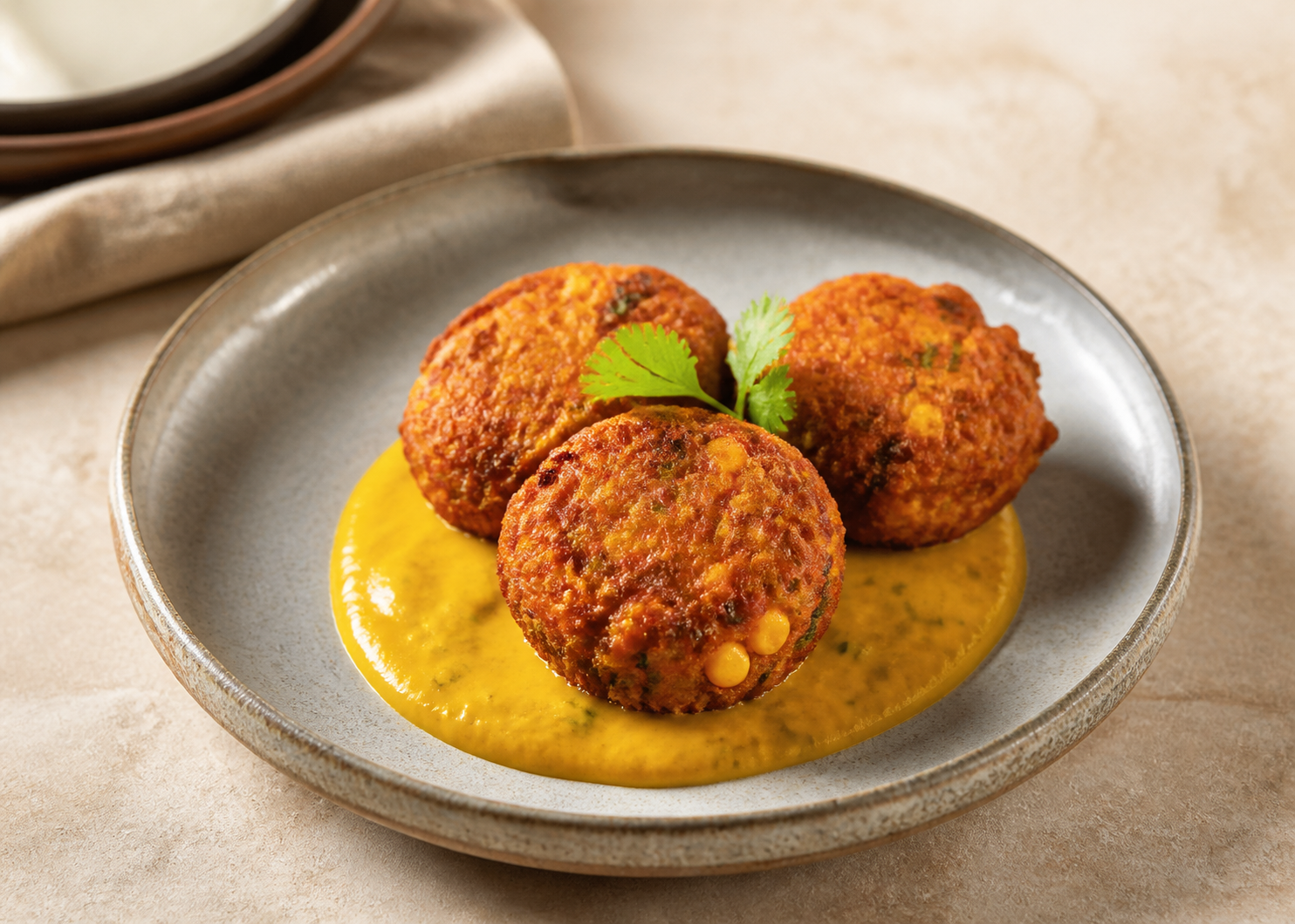 Yuca and Sweet Corn Cod Fritters with Warm Pumpkin and Culantro Cream