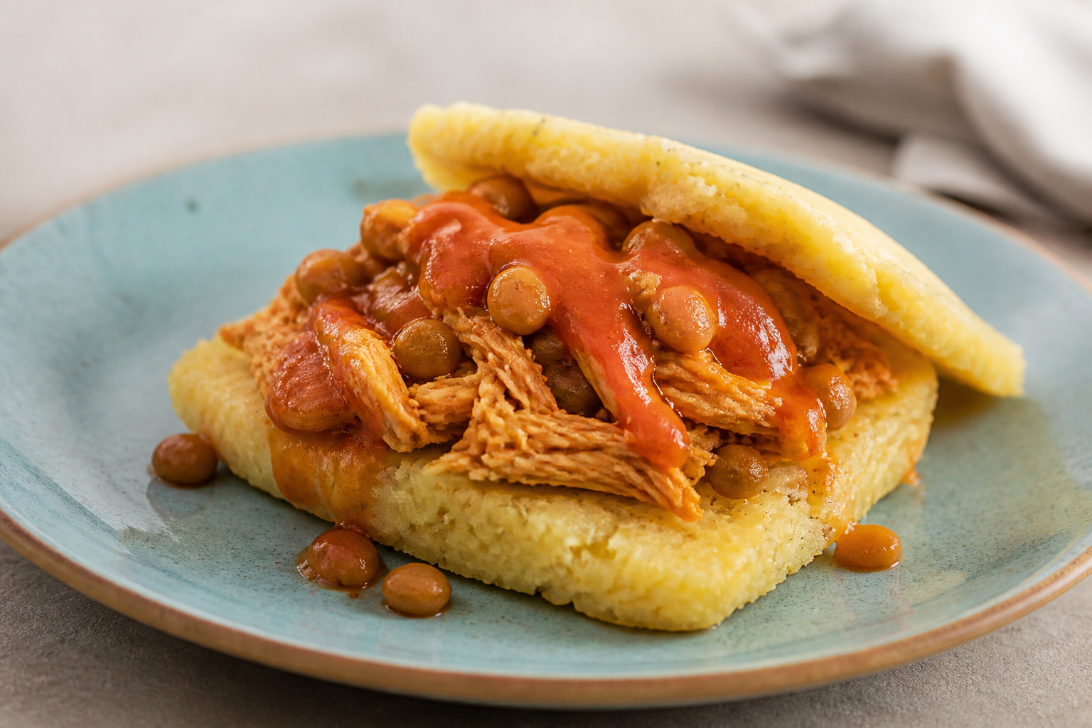 Pastelillo Abierto de Yuca con Chicharrón de Pollo, Gandules y Salsa de Guayaba Picante