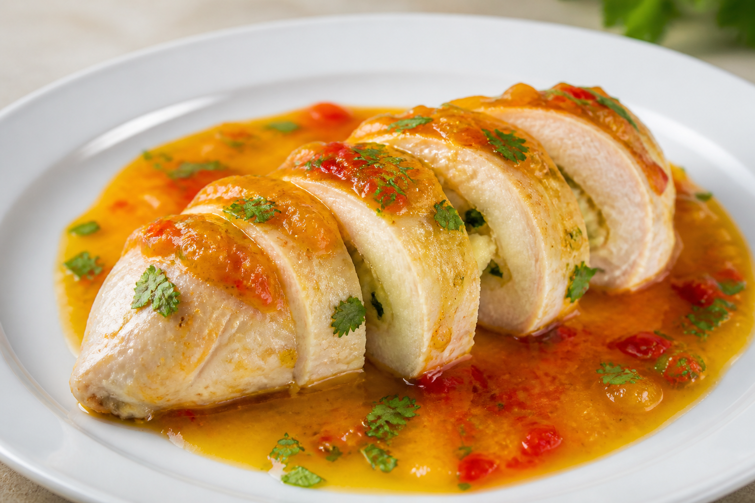 Pechuga Rellena de Yuca Majada y Queso del País con Salsa Criolla de Parcha y Ají Dulce