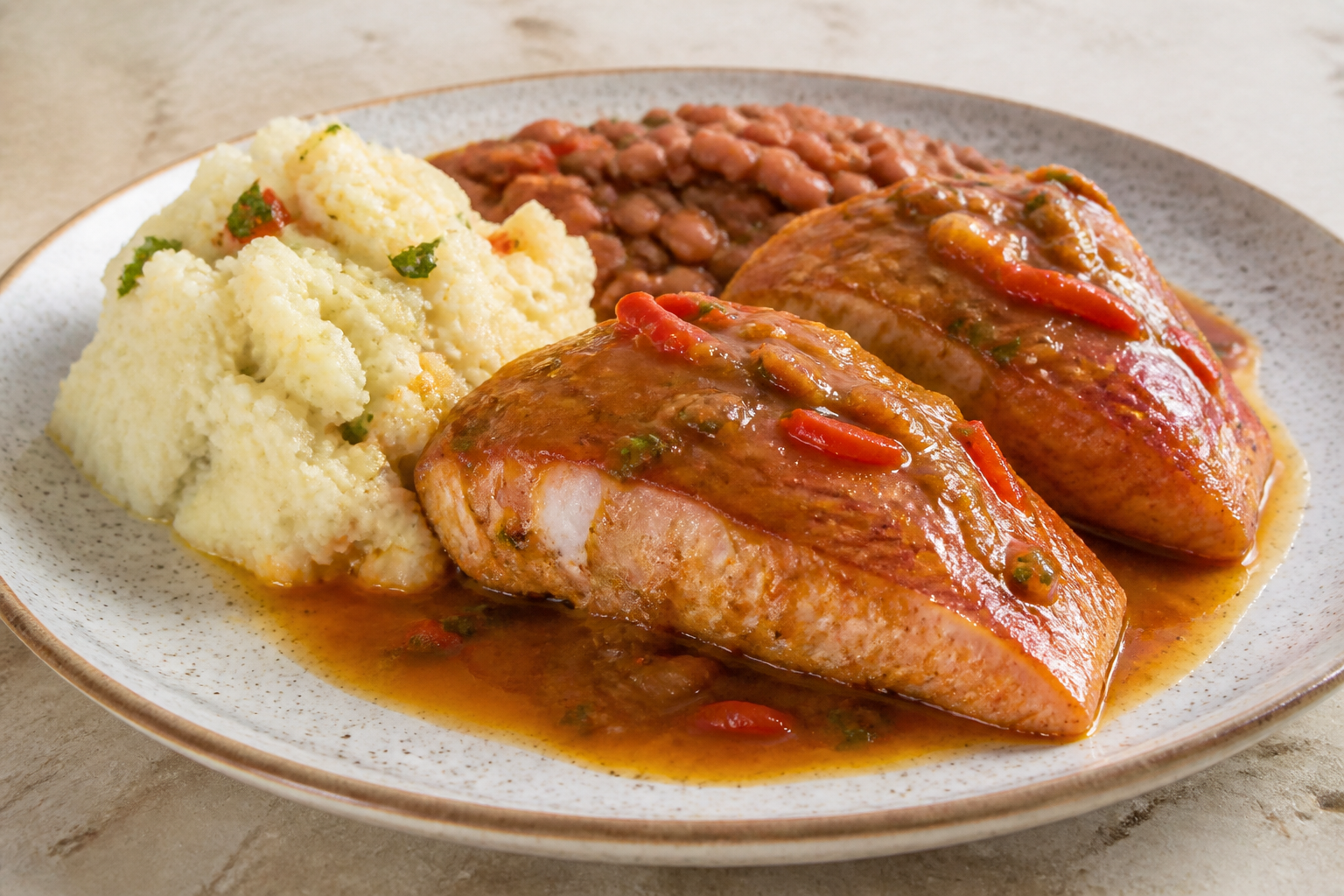 Red Snapper Fillets in Tamarind and Sweet Pepper Sauce with Mashed Cassava and Pigeon Peas