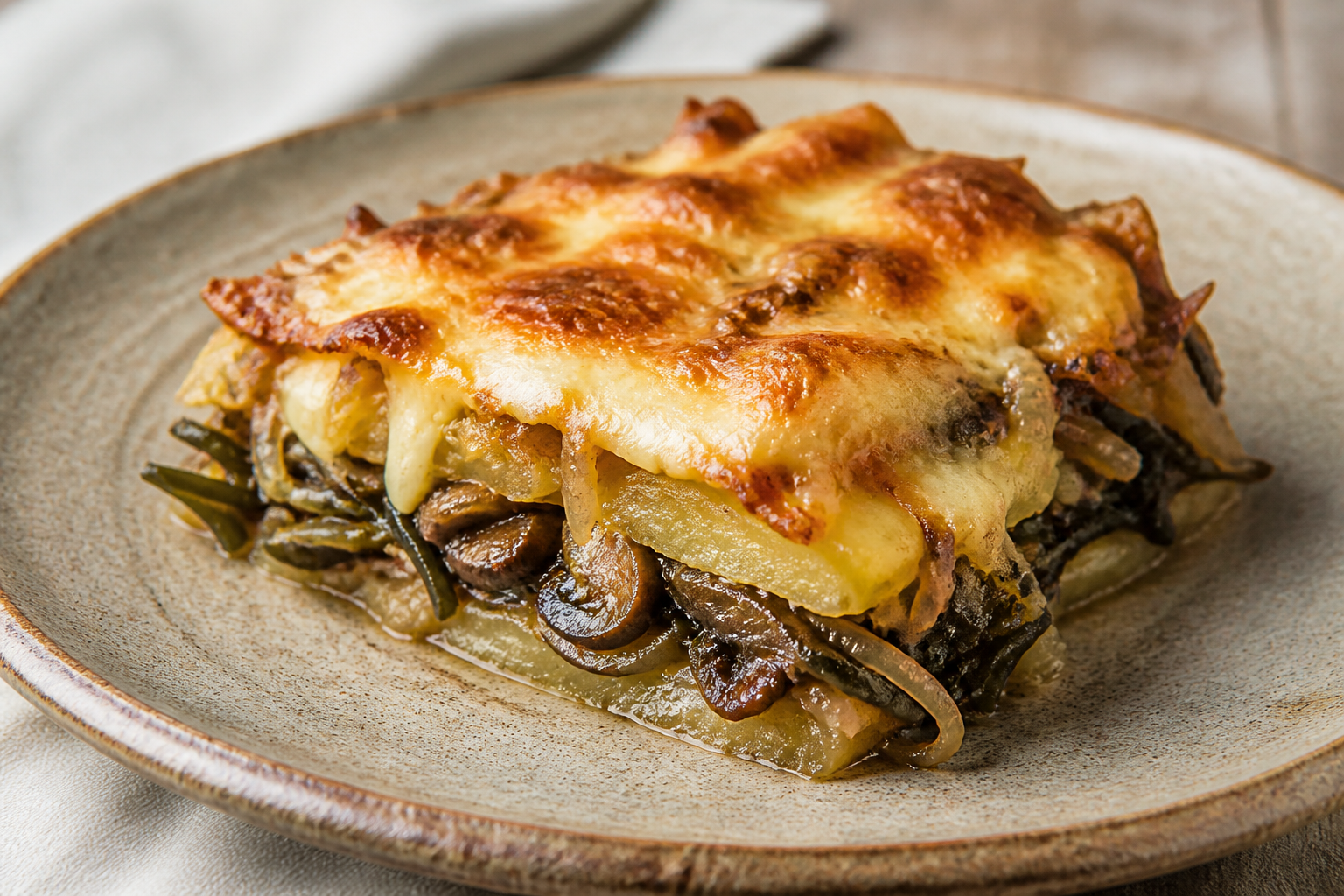 Baked Cochayuyo and Golden Potato Casserole with Mushroom Filling, Caramelized Onion, and Chanco Cheese