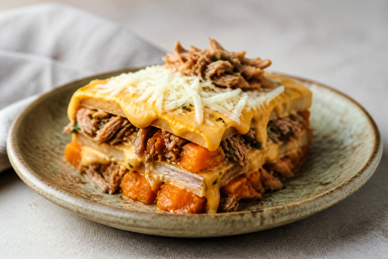Lasaña criolla de pana con ropa de cerdo al recao y crema suave de calabaza