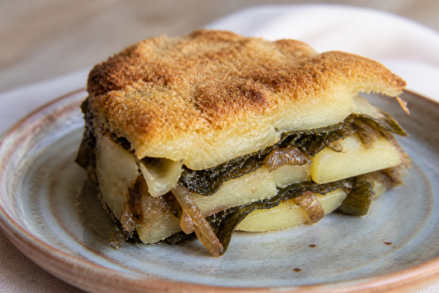 Pastel tibio de cochayuyo y papas con cebolla caramelizada al vino, queso chanco y costra de chuchoca