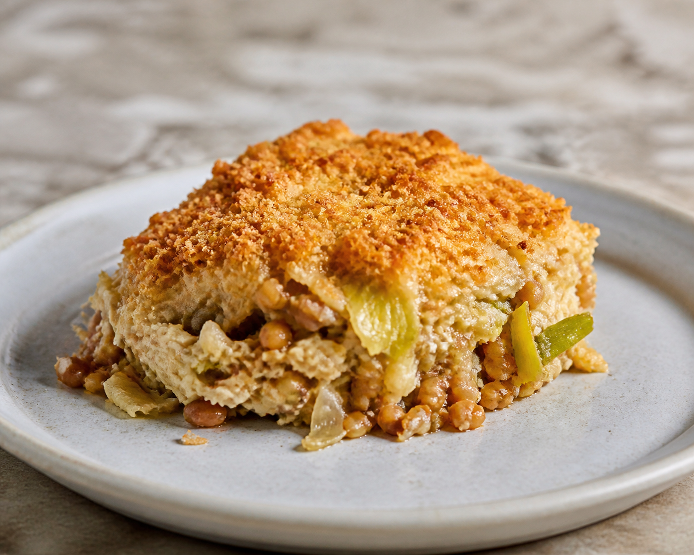Crab and Wheat Berry Casserole with Golden Leeks, Chanco Cheese and Chuchoca Crust