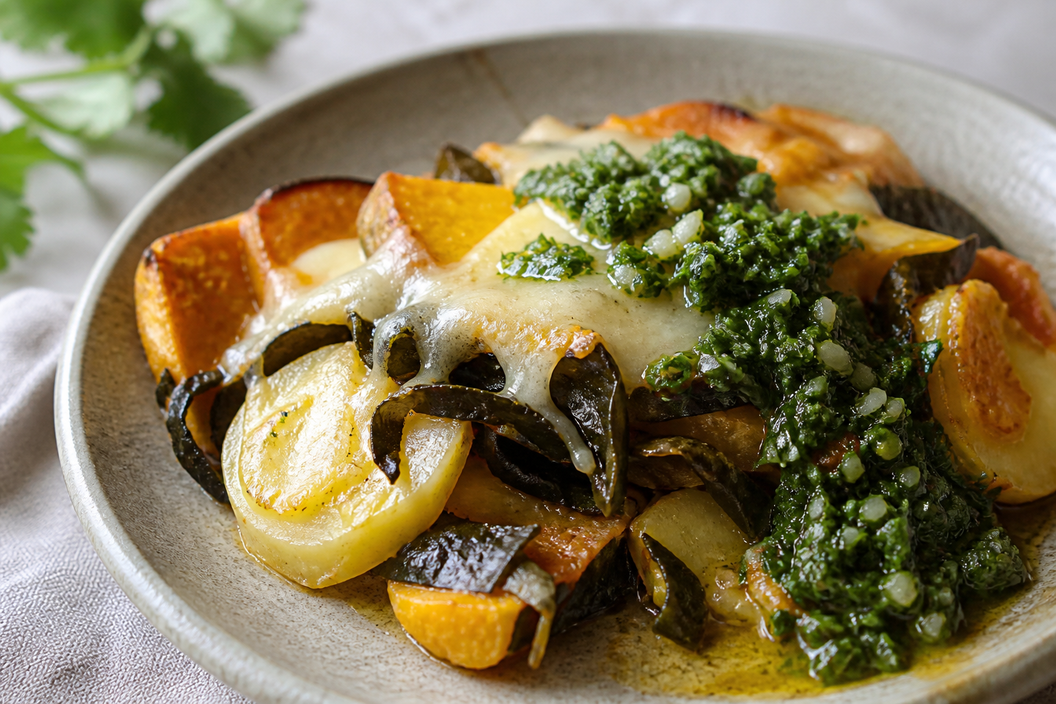 Rustic cochayuyo and potato bake with roasted squash, chanco cheese, and warm cilantro pebre