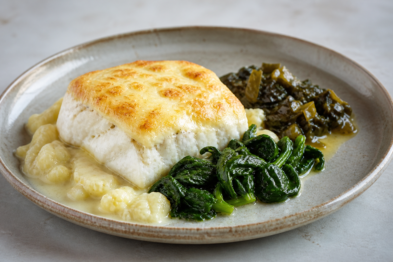 Chochoca and Hake Bake with Sautéed Spinach and Warm Kelp Pebre