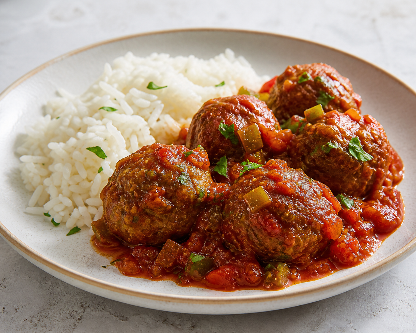 Albóndigas Cubanas de Res y Plátano Maduro en Salsa Criolla con Arroz al Ajo