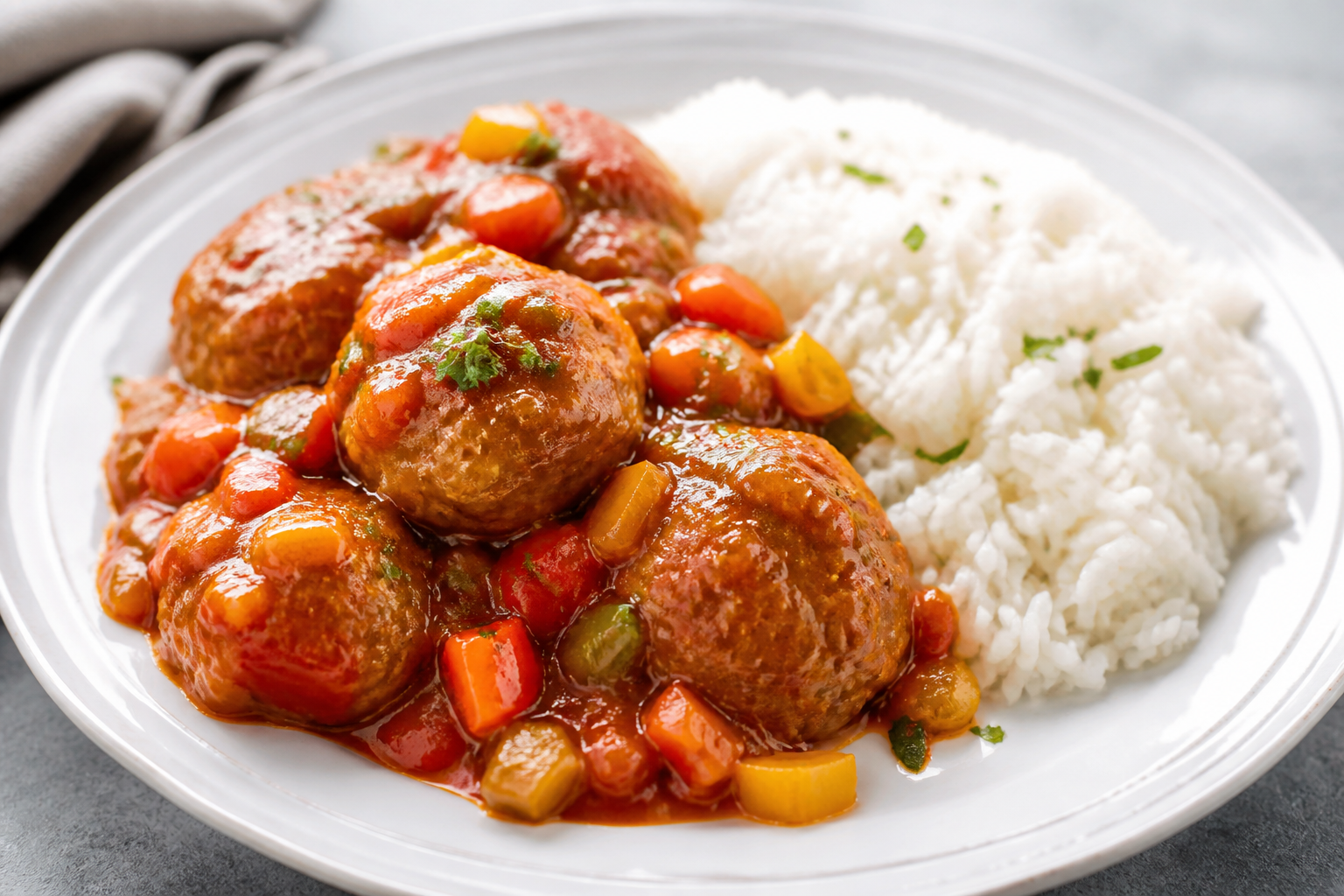 Cuban Beef Meatballs in Sweet Pepper and Guava Sauce with Light Coconut Rice