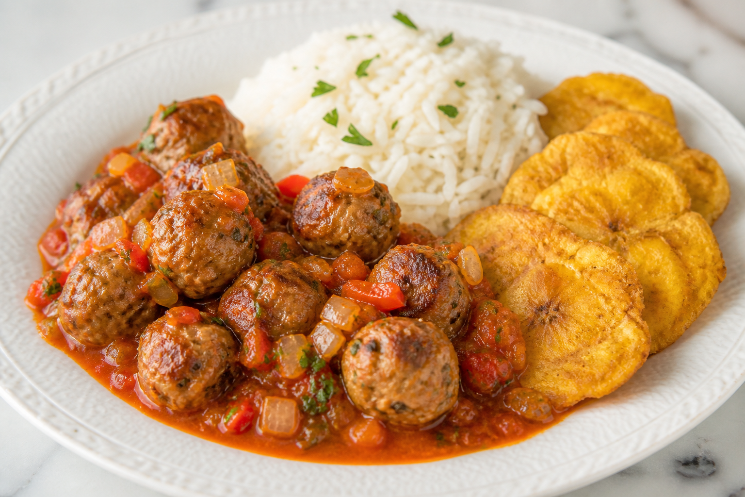 Cuban Turkey Meatballs in Sweet Pepper Sofrito with Light Coconut Rice and Thin Tostones