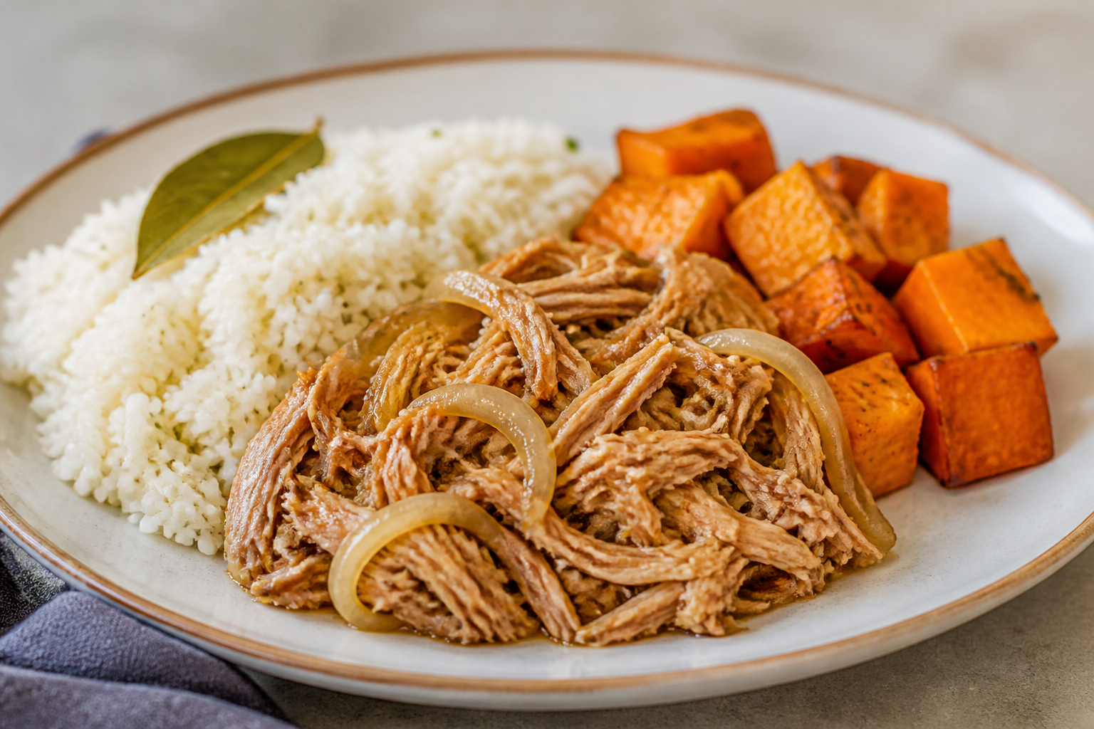 Cuban Turkey Ropa Vieja with Mojo Sweet Potato and Bay Leaf Rice