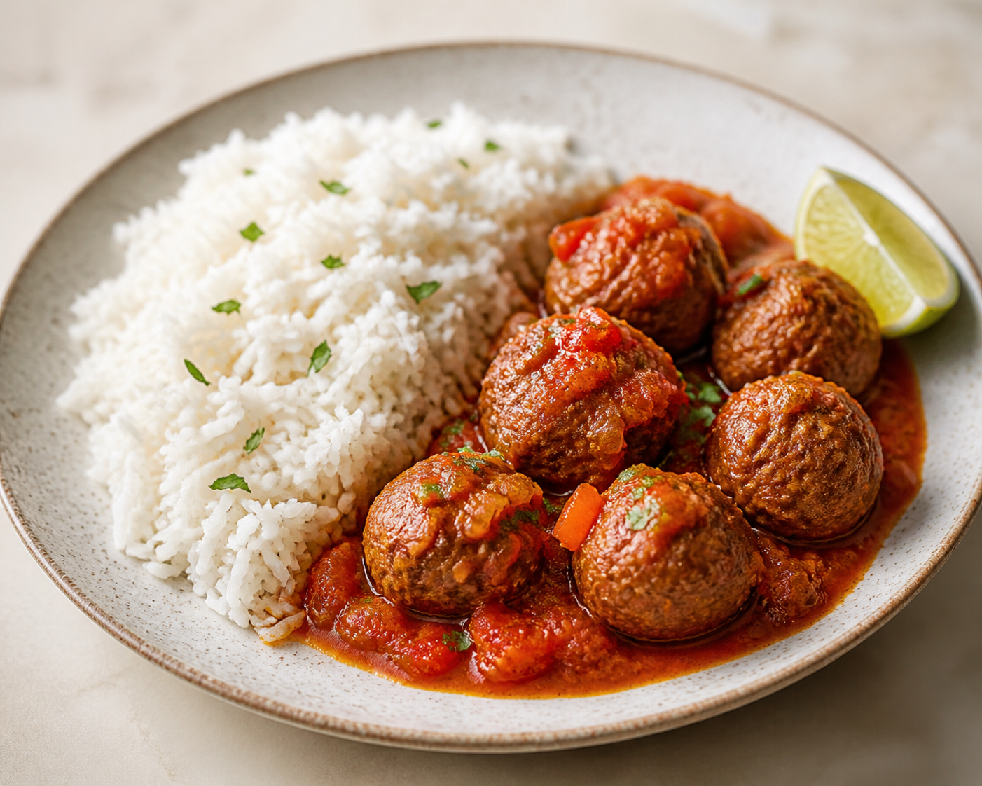 Albóndigas Cubanas de Res en Sofrito de Pimiento Asado con Arroz de Ajo y Limón