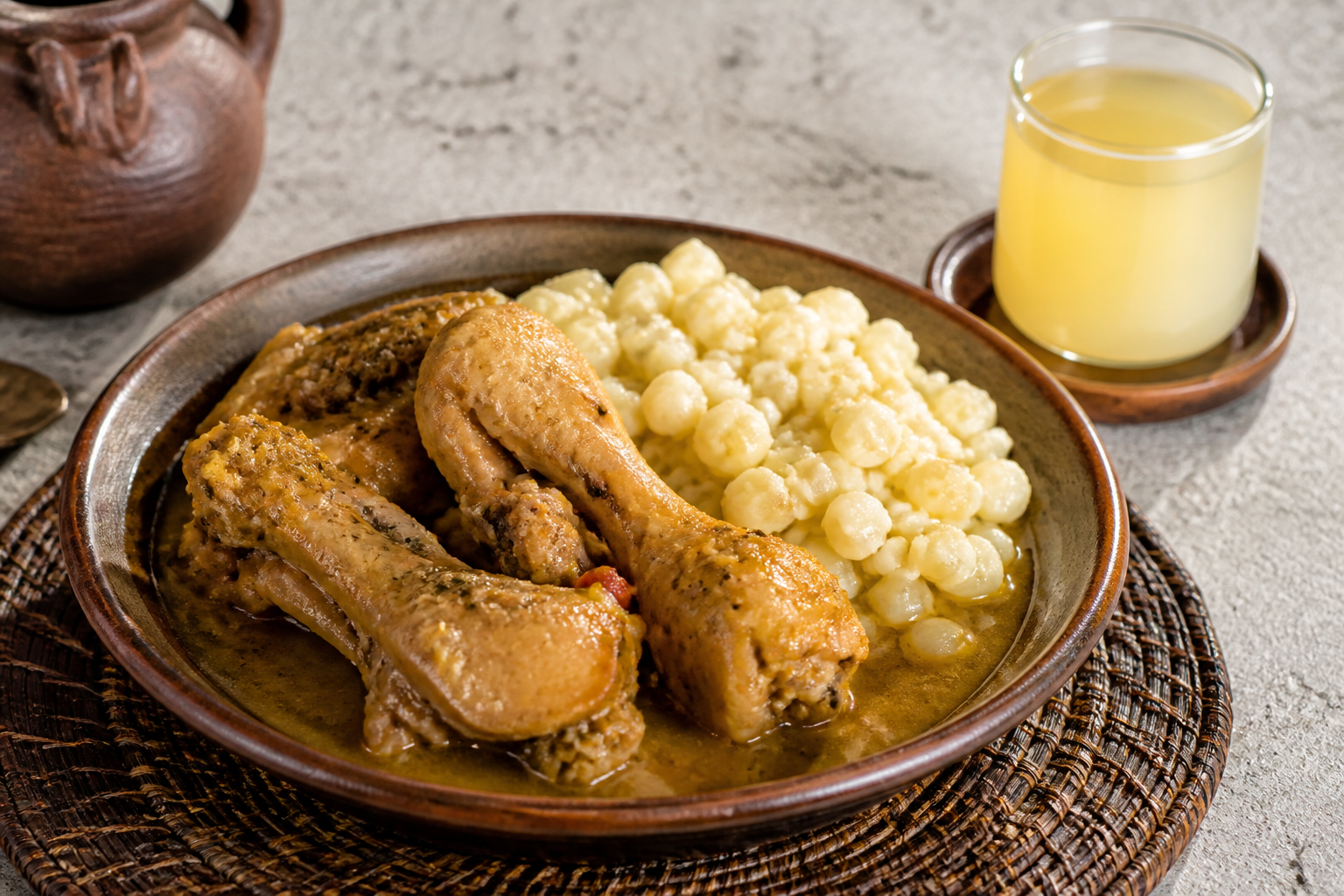 Seco de Gallina con Chicha de Piña y Mote Cremoso de Queso