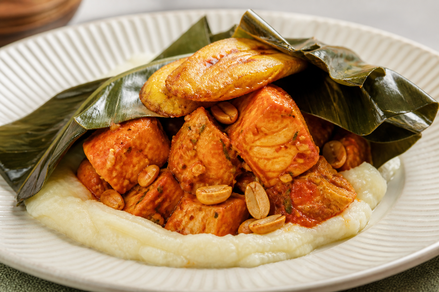Coastal Chicken Maito with Peanut and Plantain Leaf, over Soft Mashed Cassava