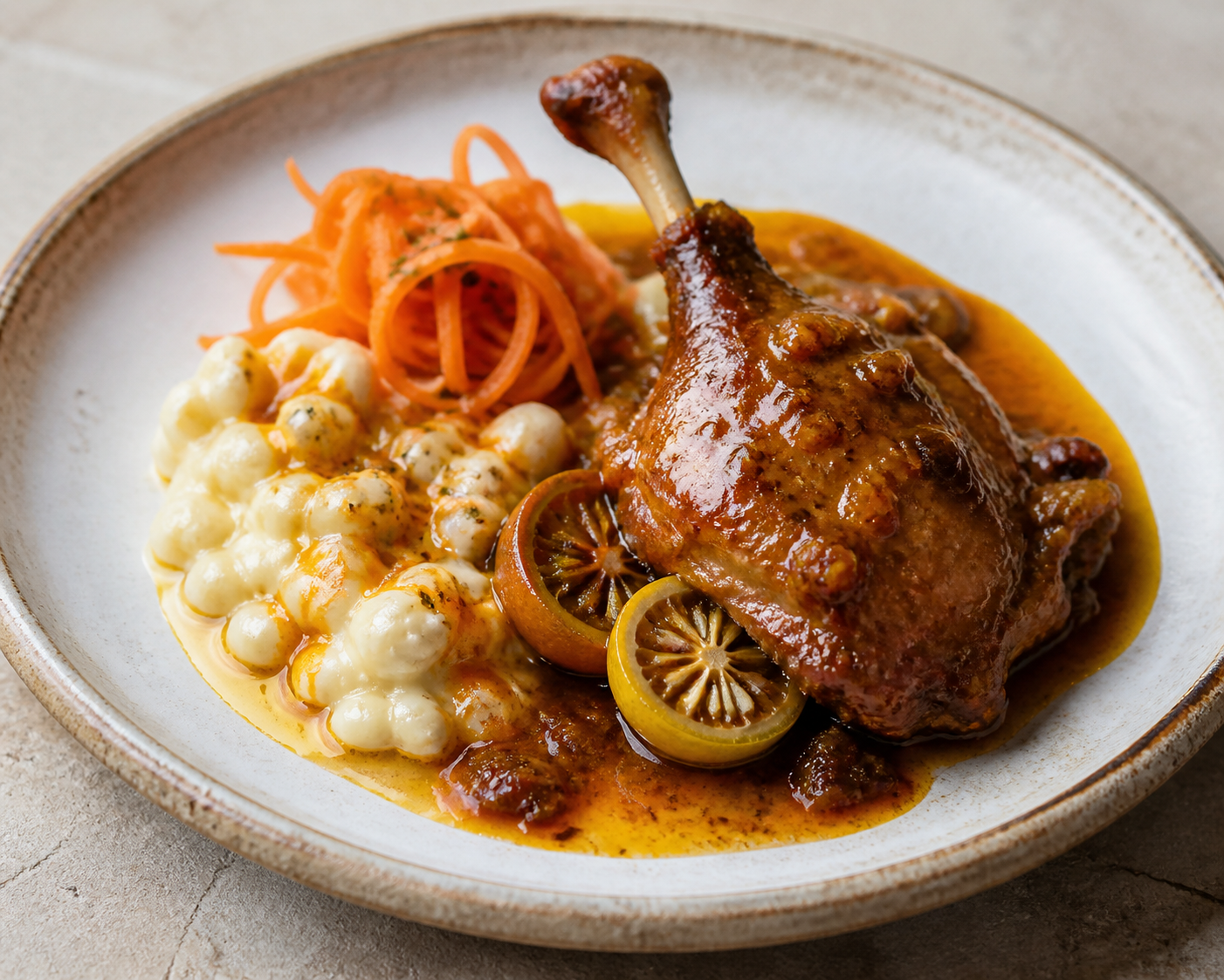 Seco de Pato con Naranjilla y Cacao, acompañado de Mote Cremoso y Zanahoria Encurtida