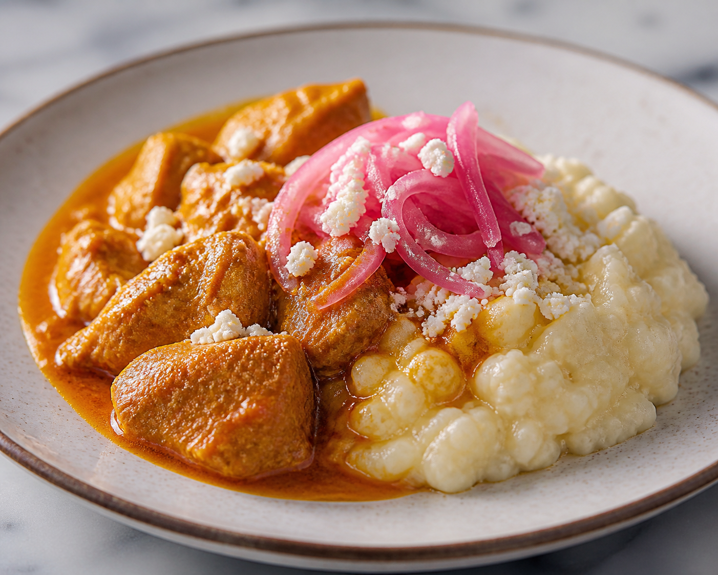 Turkey Seco in Passion Fruit and Annatto Sauce with Creamy Hominy and Pickled Red Onion