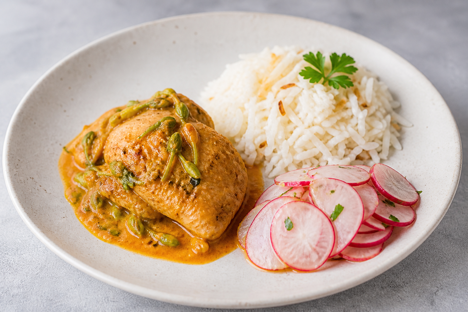 Pollo Catracho en Salsa de Loroco y Maíz Tostado con Arroz de Coco Salado y Ensalada de Rábano
