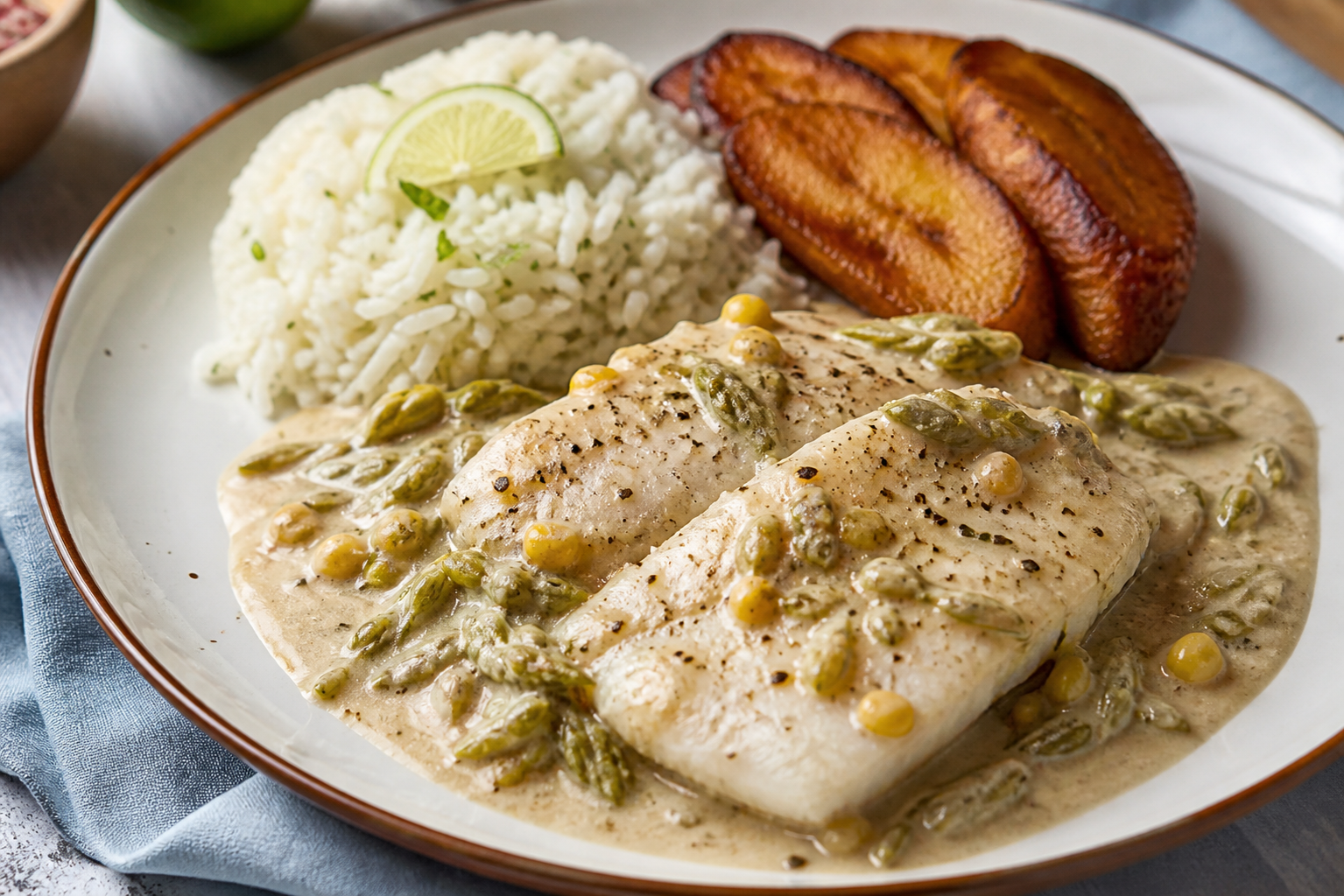 Pescado Catracho en Salsa de Loroco, Coco y Maíz Tostado con Arroz de Lima y Plátano Maduro Dorado