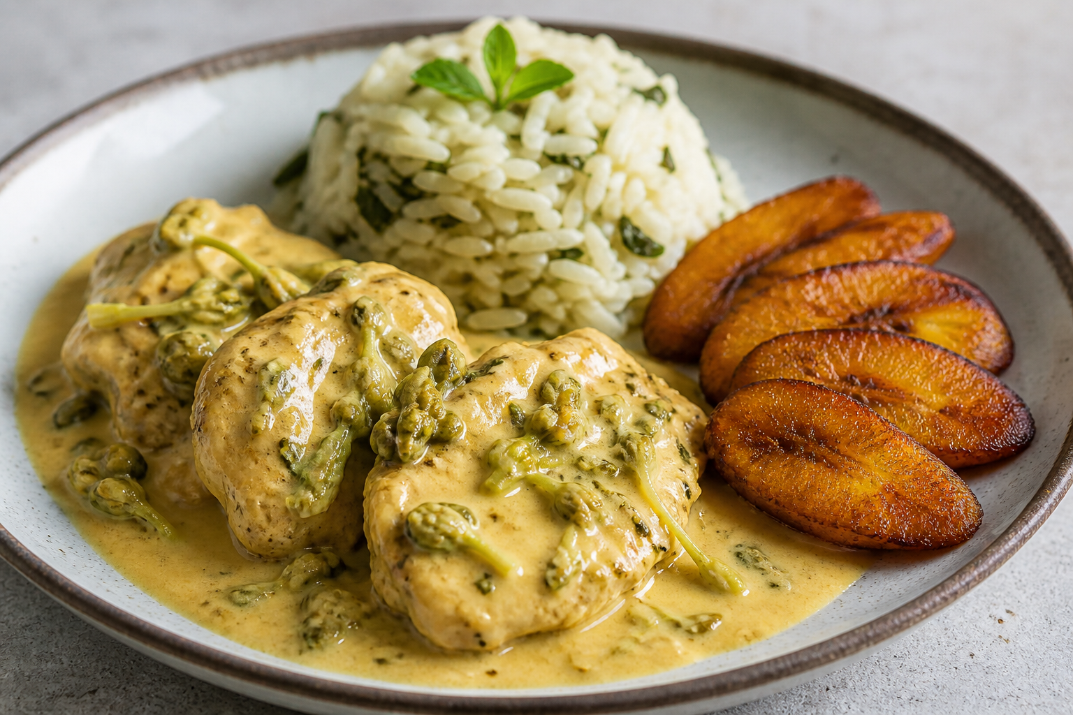 Pollo Catracho en Salsa de Loroco y Maíz Tostado con Arroz de Chipilín y Plátano Maduro Dorado