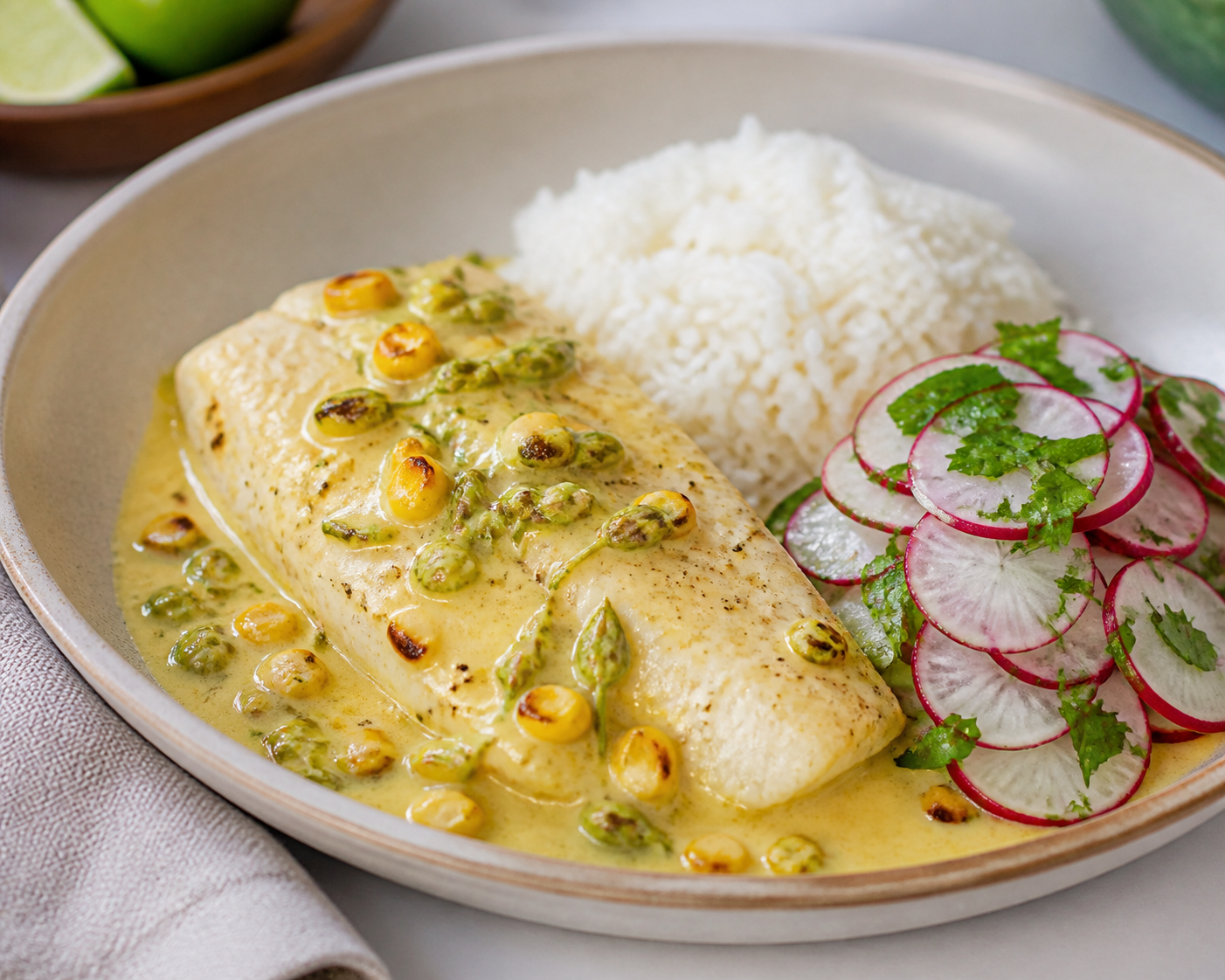 Pescado Catracho en Salsa de Loroco y Maíz Tostado con Arroz de Coco y Ensalada de Rábano Crujiente