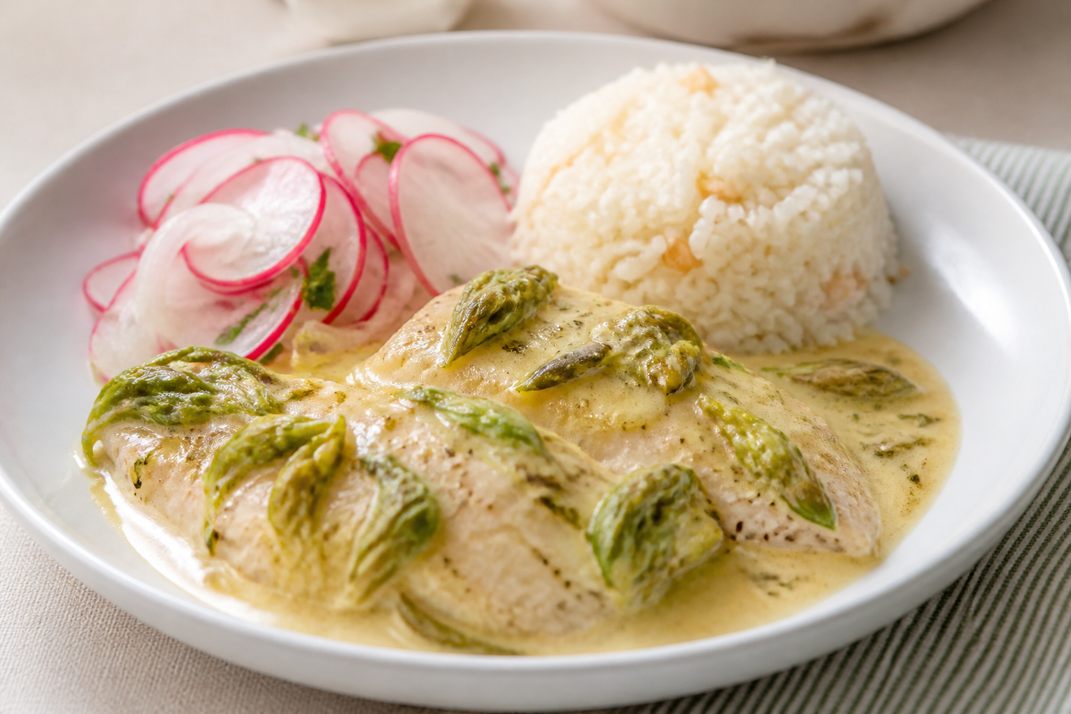 Pescado Catracho en Crema de Loroco y Maíz Tostado con Arroz de Coco y Ensalada de Rábano