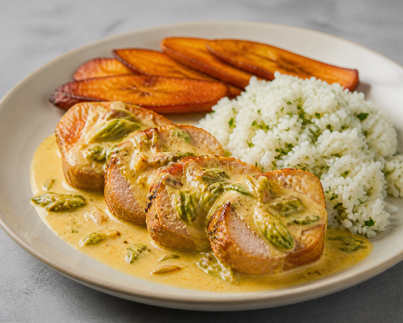 Honduran Pork in Loroco and Toasted Corn Sauce with Cilantro Rice and Golden Sweet Plantain